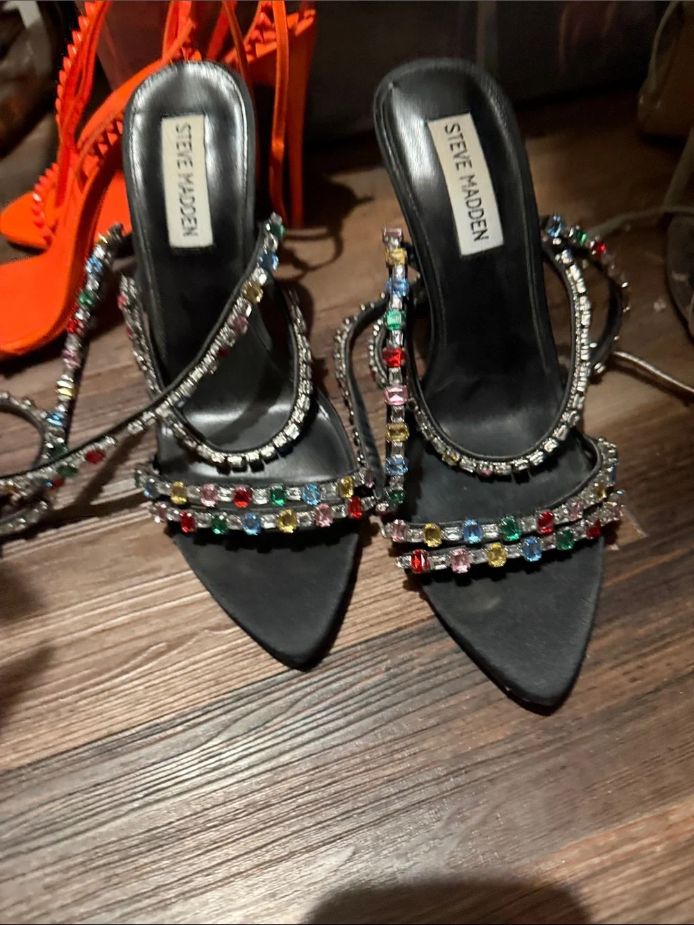 Steve Madden Black Jeweled Strappy Pointed-Toe Heels